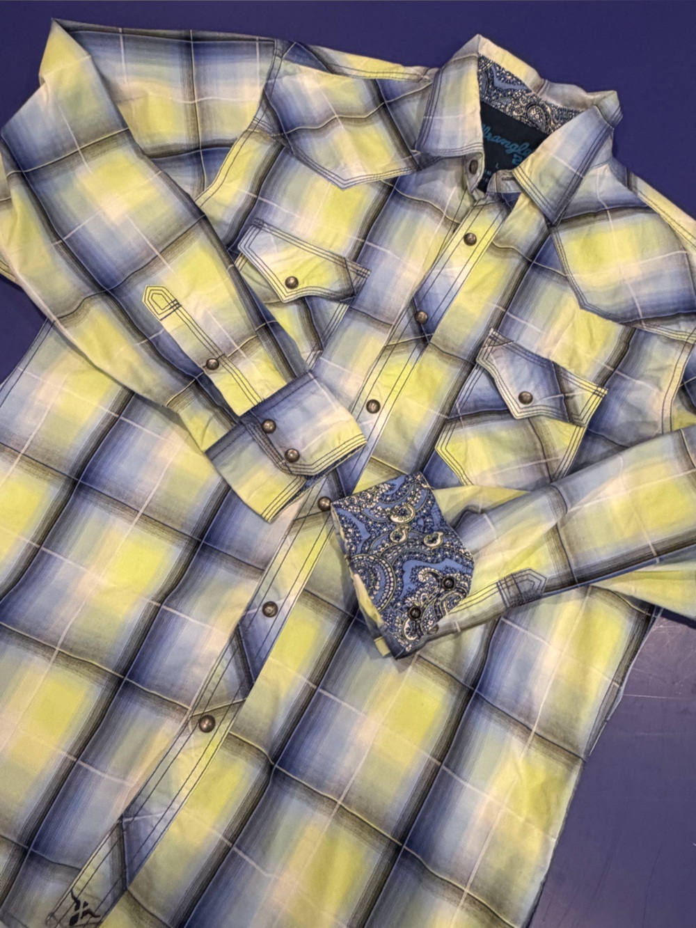 Wrangler 20X large Plaid Men’s Casual Button Down Shirt pearl snap western blue